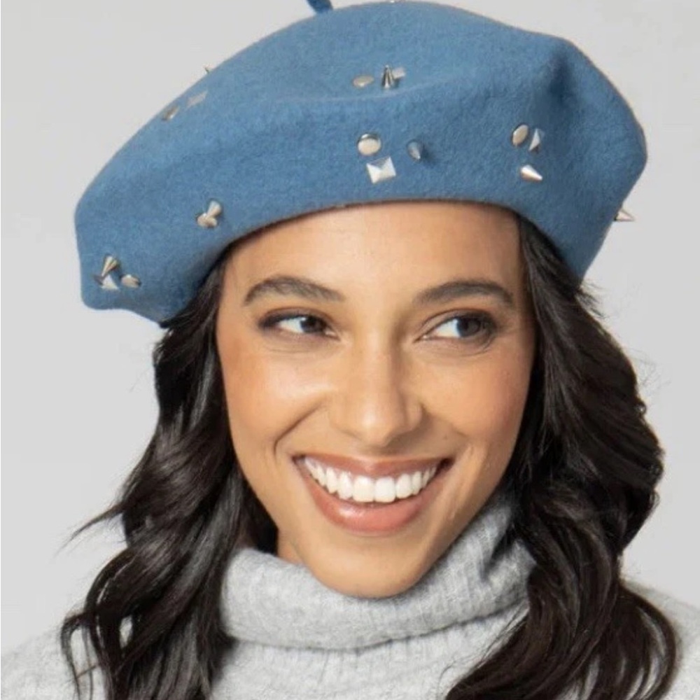 NEW WOOL Blue French Beret with Silver Studs San Diego Hat Company